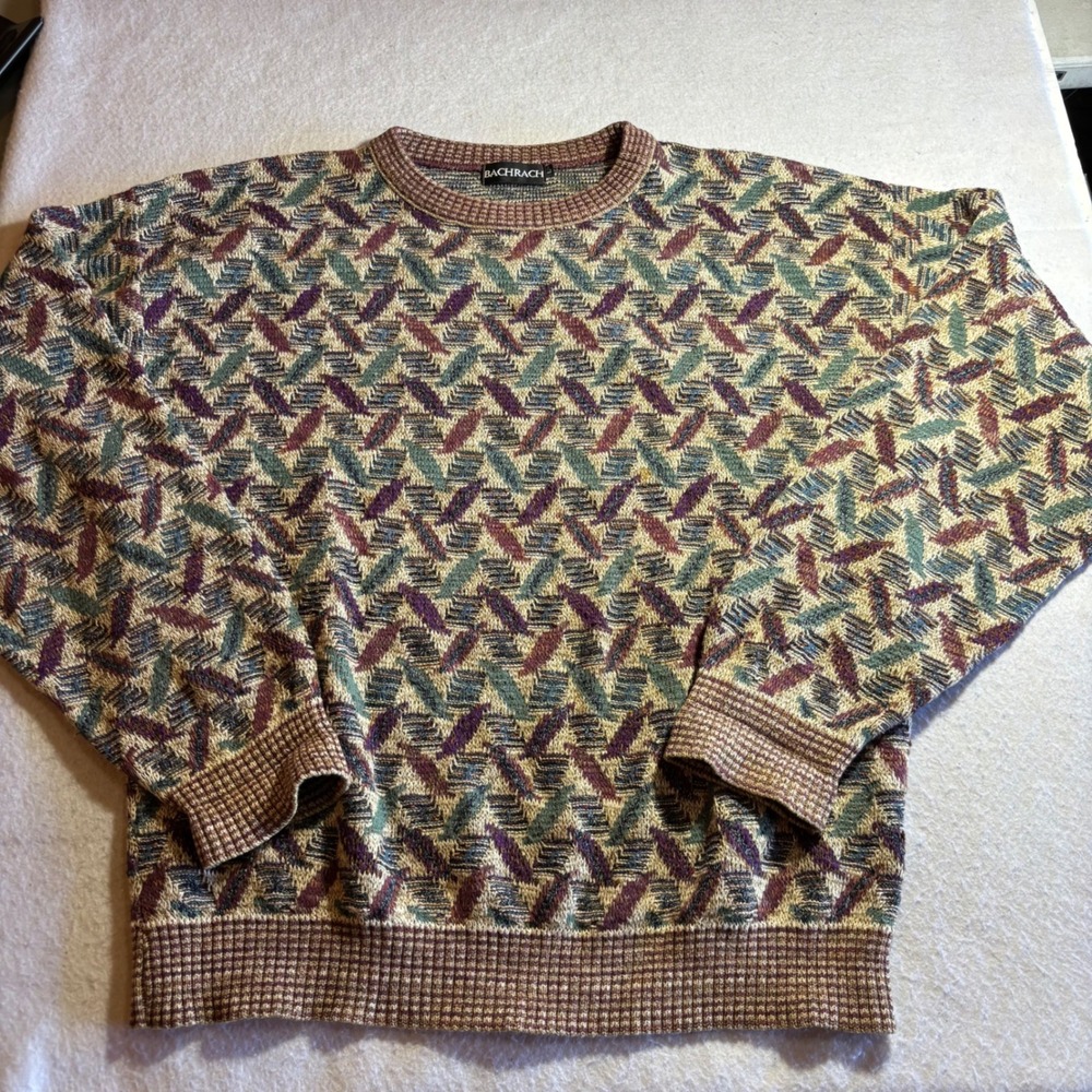 Bachrach Mens Sweater L Geometric Pattern Knit Long Sleeve‎ Crewneck